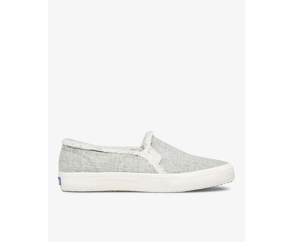 Womens Keds Slip Ons - Double Decker Brushed Denim Faux Shearling - Grey - 2085-QKVJE